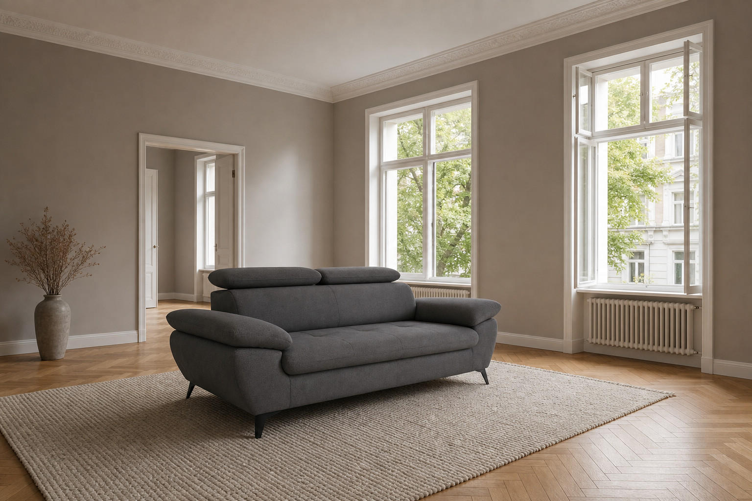 3-SITZER Karlstad Flachgewebe Grau verstell. Kopfstützen B 215 cm - Dunkelgrau, Kunststoff/Textil (215/84/100cm) - foamnova