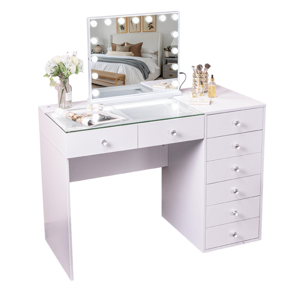 SCHMINKTISCH mit 8 Schubladen 120/55/81 CM und LED Beleuchtung Schminkspiegel Lichtleiste weiß 58/46 cm - Weiß, Holz (55/81/120cm) - VANITII