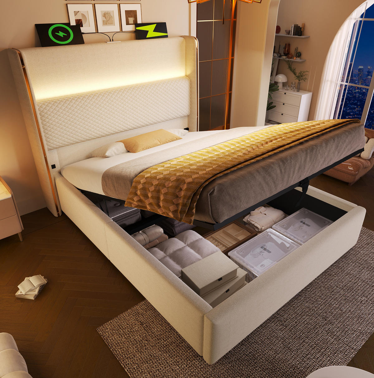 POLSTERBETT mit LED-Beleuchtung 90/200 cm mit Bettkasten und gepolstertem Kopfteil - Beige, Textil (90/200cm) - BEAOK