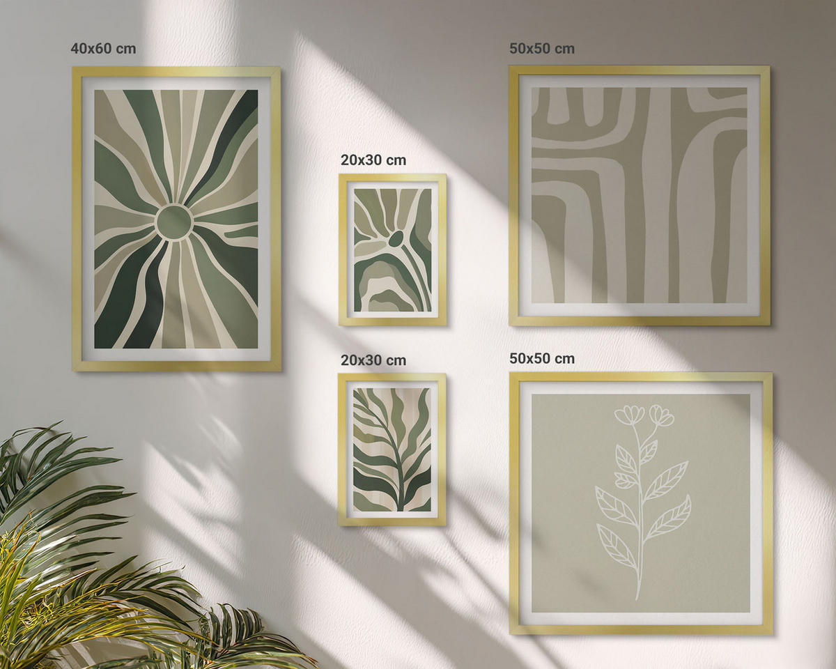 BILDER SET 5er Set - 50x50 cm & 20x30 cm & 40x60 cm Goldrahmen - Pflanzenmuster grüner Minimalismus - Goldfarben, Kunststoff (40/60cm) - TULUP