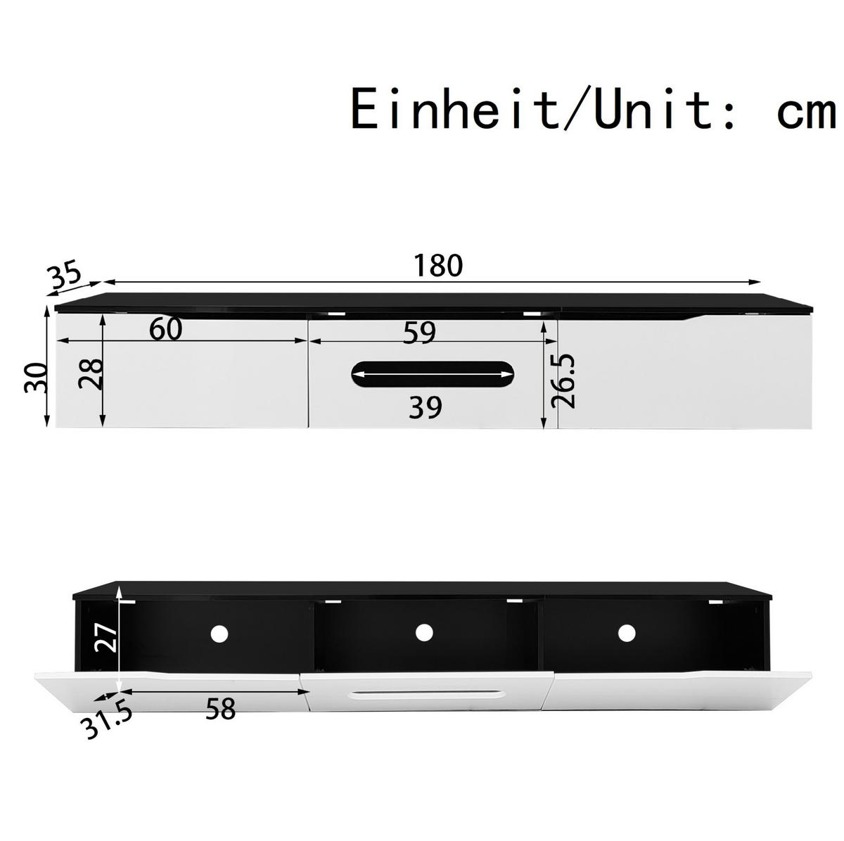 LOWBOARD 180/35/30 cm aus MDF und Spanplatte mit LED-Beleuchtung Schwarz/Weiß - Schwarz, Holzwerkstoff (180/30/35cm) - Modenvie