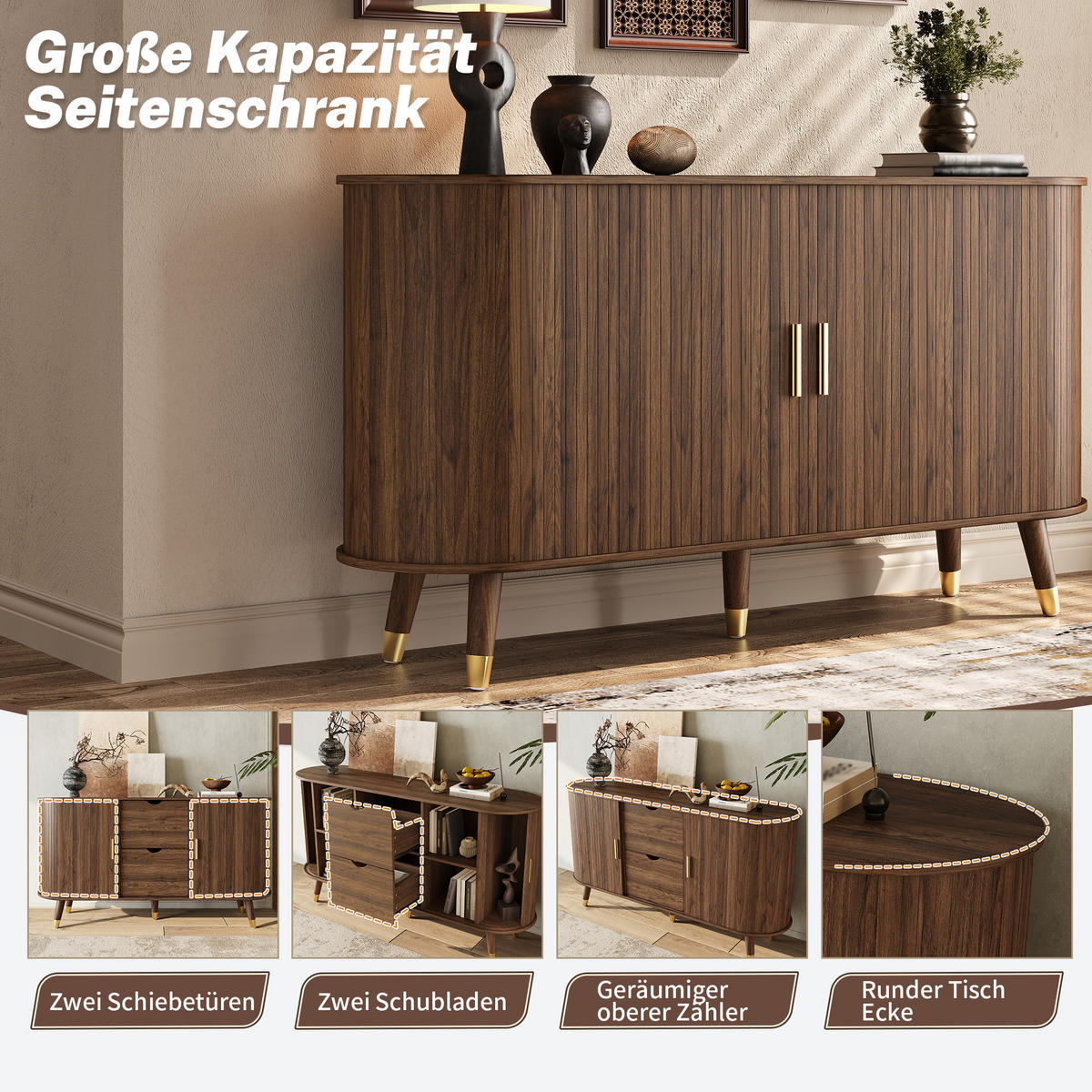 SIDEBOARD vertikale Maserung Schiebetüren 2 Schubladen modern - Walnussfarben, Holzwerkstoff (40/79.5/140cm) - FLIEKS