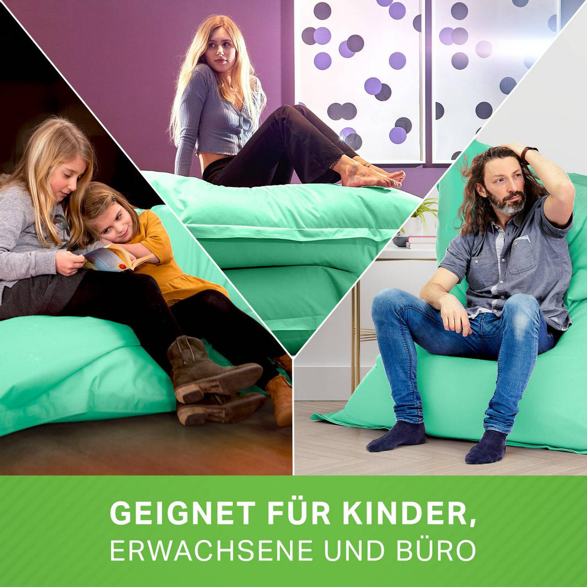 RIESEN-SITZSACK "Square" 140x180cm 380 L - Mintgrün, Textil (140/25/180cm) - Green Bean