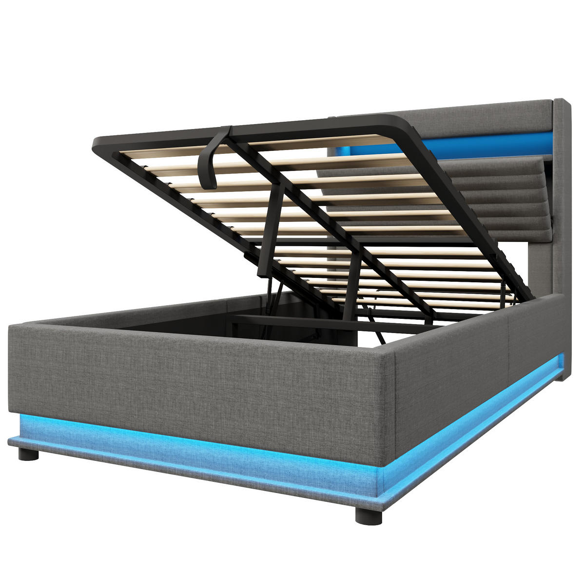 POLSTERBETT 90/200 cm mit LED-Beleuchtung, USB- und Typ-C-Anschluss, hydraulischem Stauraum und Ablage, Grau - Grau, Textil (90/200cm) - Redom