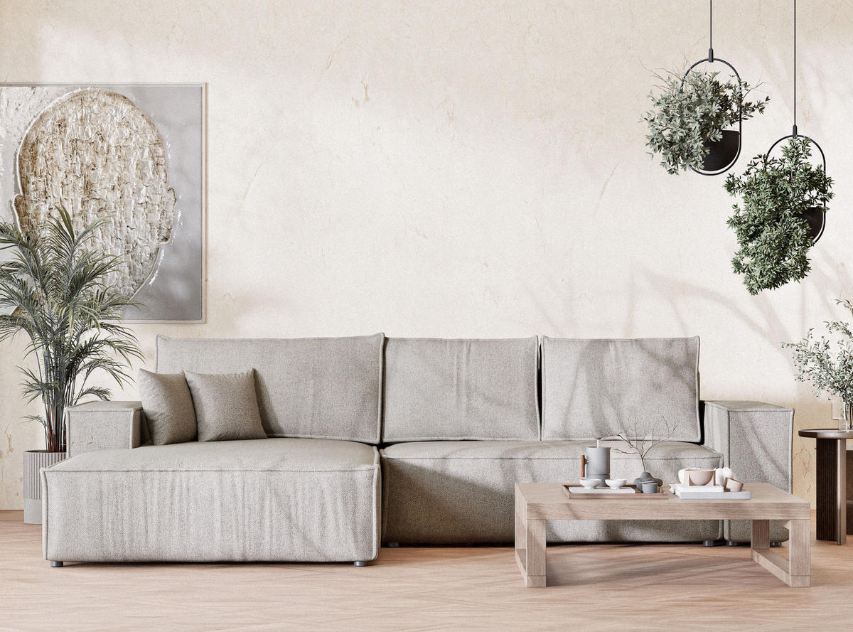 ECKSOFA MIT SCHLAFFUNKTION Maze Seidengrau Webstoff - Greige/Schwarz, Holz/Holzwerkstoff (294/185cm) - Maison de Reve