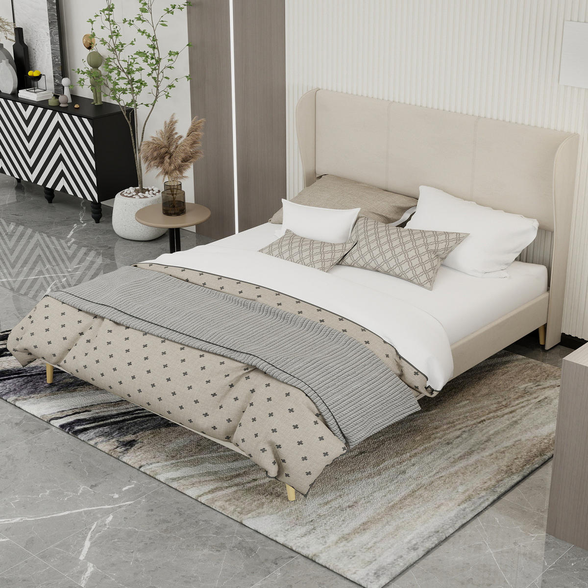 ČALÚNENÁ posteľ 160/200 cm béžová s mäkkým čelom z látky a kovu - béžová, textil (160/200cm) - OKWISH