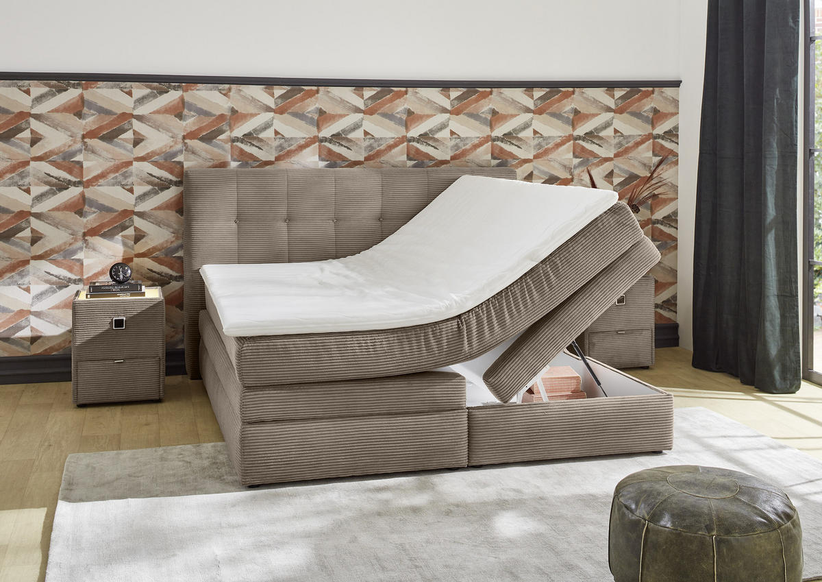 BOXSPRINGBETT 180x200 cm, 7-Zonen-Tonnentaschen-Federkernmatratzen H3, Topper, Bonell-Federkern, 2 Bettkästen, Cord Braun Taupe / 20040 - Schwarz/Braun, Kunststoff/Textil (180/200cm) - luma-home