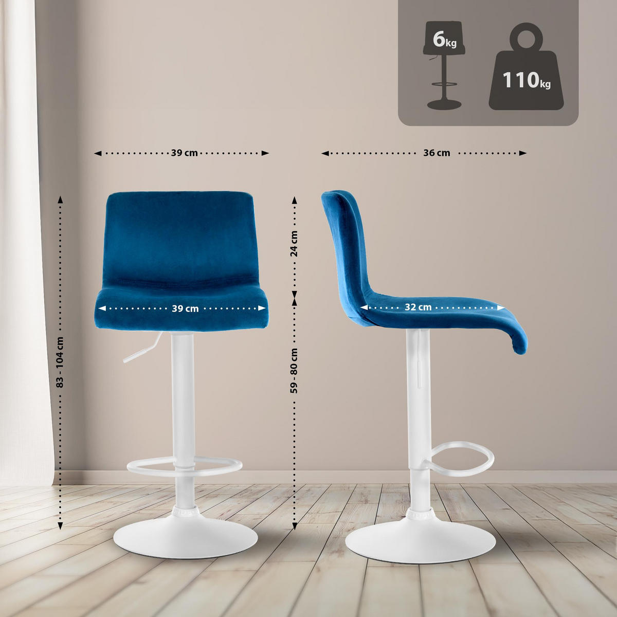 BARHOCKER Samt Blau - Blau, Textil (39/83/36cm) - CLP