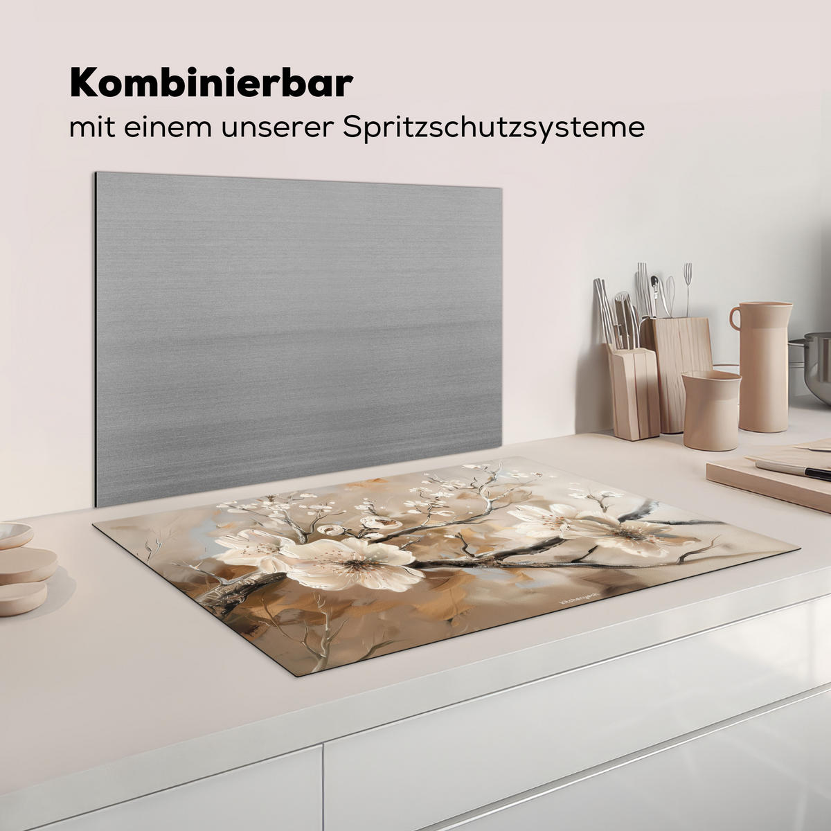 KRYT NA INDUKČNÍ DESKU Květiny - abstraktní - malované - béžové 81.6x52.7 cm - béžová, plast (81.6/52.7/0.2cm) - MuchoWow