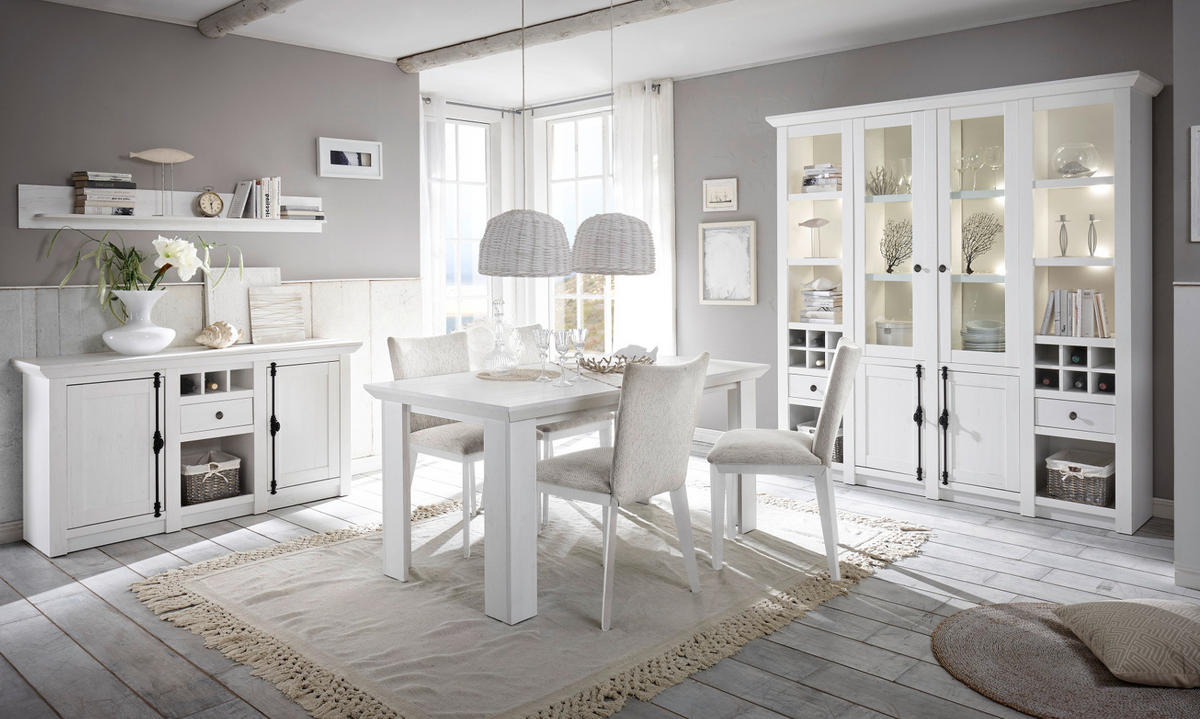 WOHNWAND weiß Pinie Landhaus, Schrankwand 4-teilig 298 x 207 cm - Anthrazit/Weiß, Holzwerkstoff/Metall (298/207/45cm) - Furn.Design