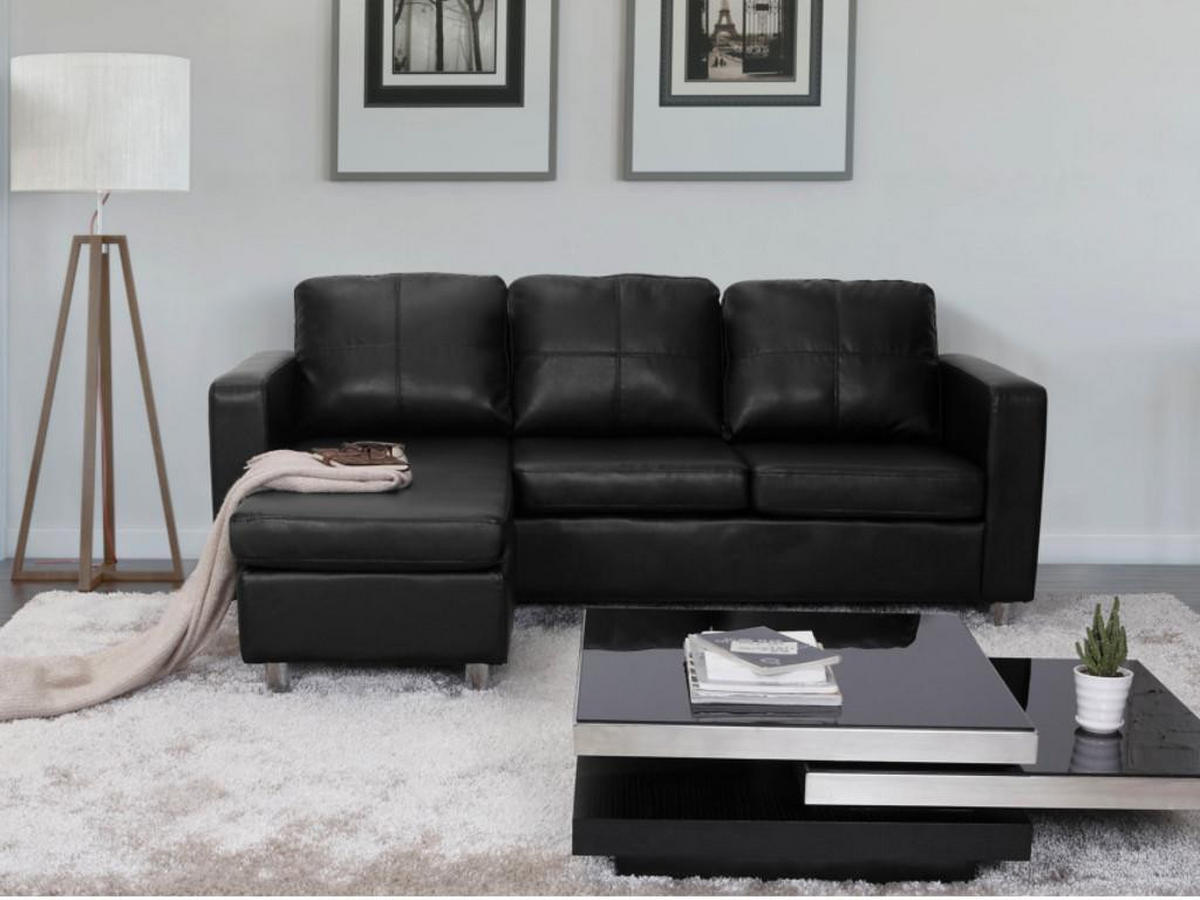 ECKSOFA - Kunstleder - Schwarz - ACKLEY - Schwarz, Leder (133/196cm) - Vente-Unique