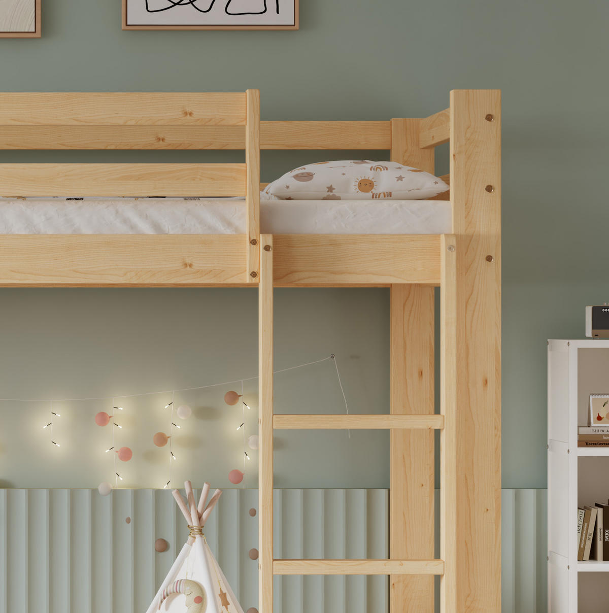 ETAGENBETT 90/200 cm aus Kiefer mit Treppe, Geländer und Tür in Natur - Naturfarben, Holz (90/200cm) - Flora Grace