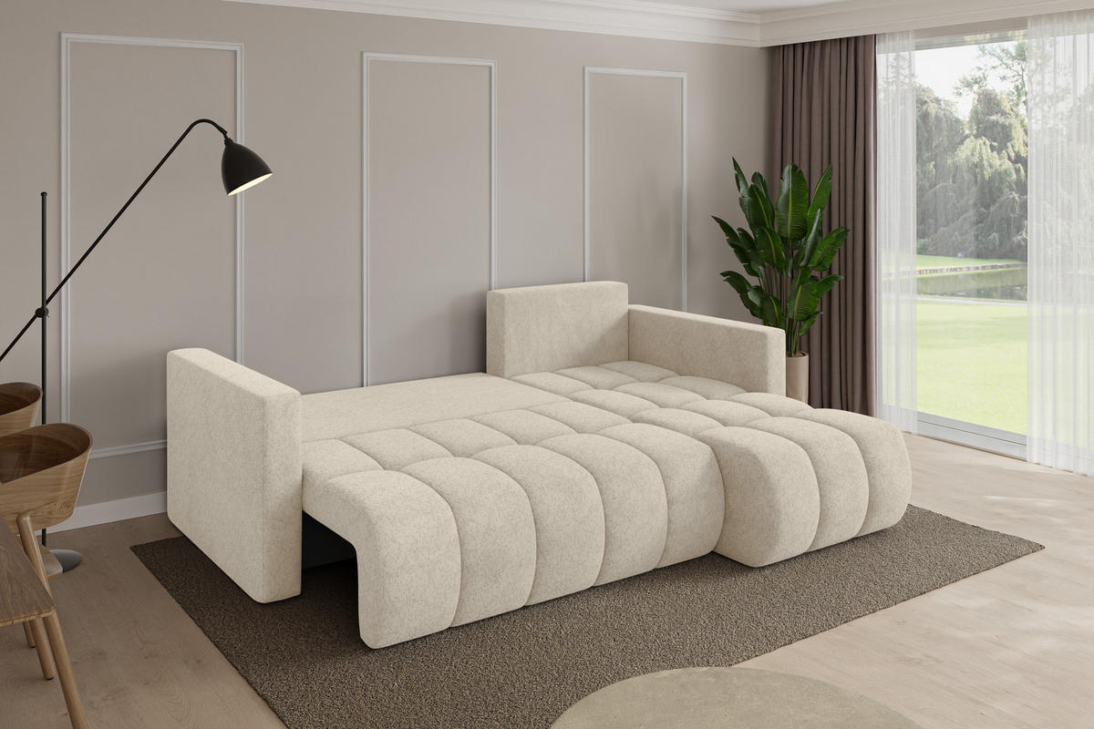 ROHOVÁ SEDAČKA s funkcí spaní, otoman vpravo GARD-L 226x146x85 krémová velur - černá/krémová, kompozitní dřevo/textil (226/146cm) - ALTDECOR