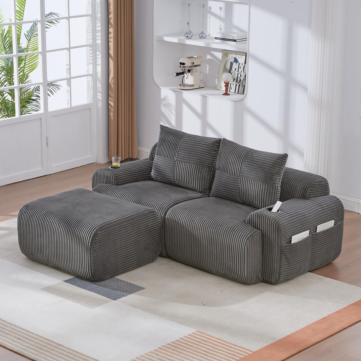 MODULARES 2-Sitzer Cordsofa mit Hocker Getränkehalter und Seitentasche 200/174/80 cm Dunkelgrau - Dunkelgrau, Textil (174/200cm) - Redom