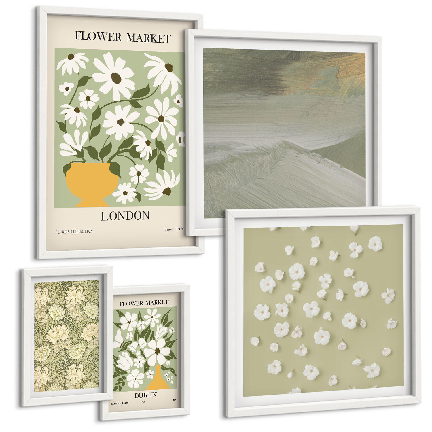 BILDER SET 5er Set - 50x50 cm & 20x30 cm & 40x60 cm Weißer Rahmen - Florale Abstraktionen im Boho-Stil - Weiß, Kunststoff (40/60cm) - TULUP
