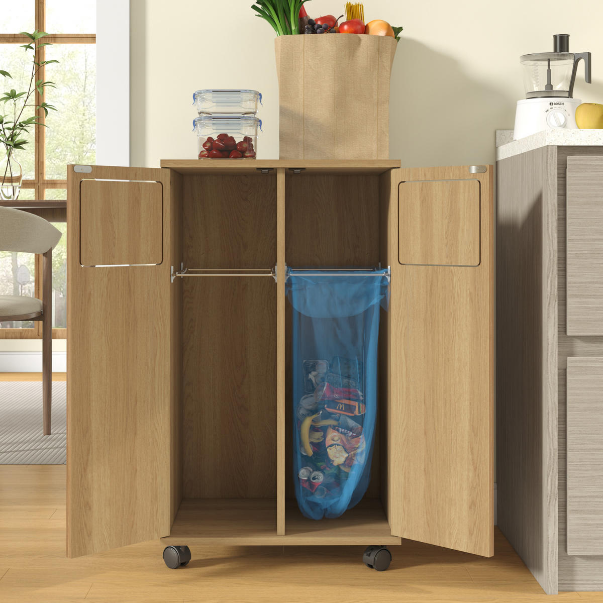 MÜLLSCHRANK DE-38851 46,7/35/80 cm 2 Fächer und Rollen Eiche-Optik - Naturfarben, Holzwerkstoff (46.7/80/35cm) - ComfortXL