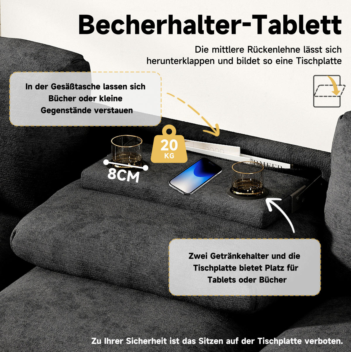 3-SITZER Sofa Chenille mit Klapptisch USB-Anschluss und Stauraum 242/80/88 cm Grau - Grau, Kunststoff/Textil (80/88/242cm) - Redom