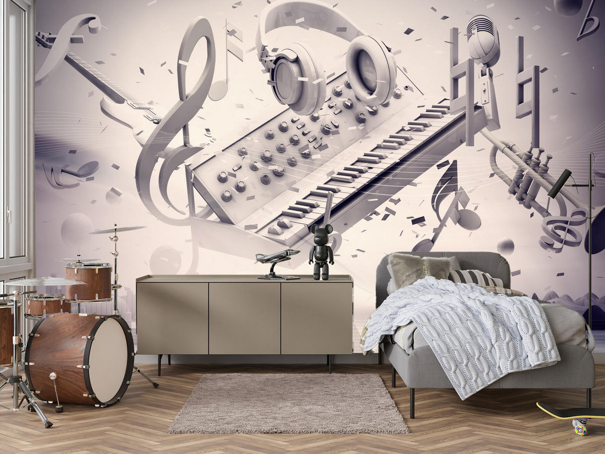 FOTOTAPETE für Jugendzimmer Modern Kollage Musik Klavier Noten Kopfhörer 100x70 - Grau, Papier (100/70cm) - Muralo