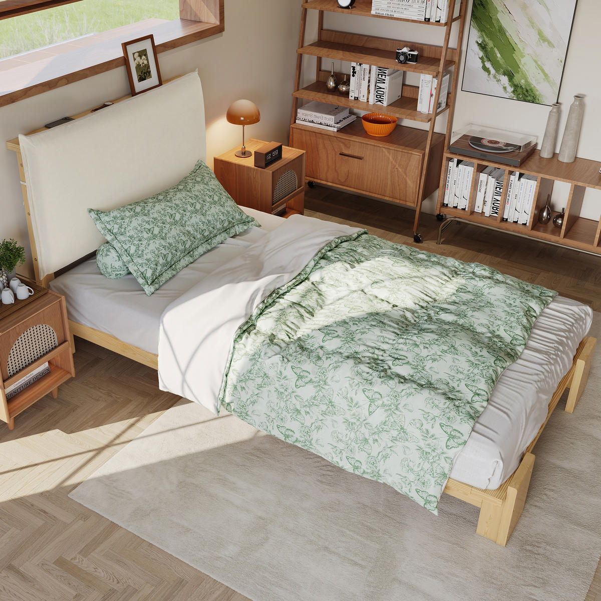 POLSTERBETT 90/200 cm natur aus Holz mit gepolsterter Rückenlehne - Naturfarben, Textil (90/200cm) - OKWISH