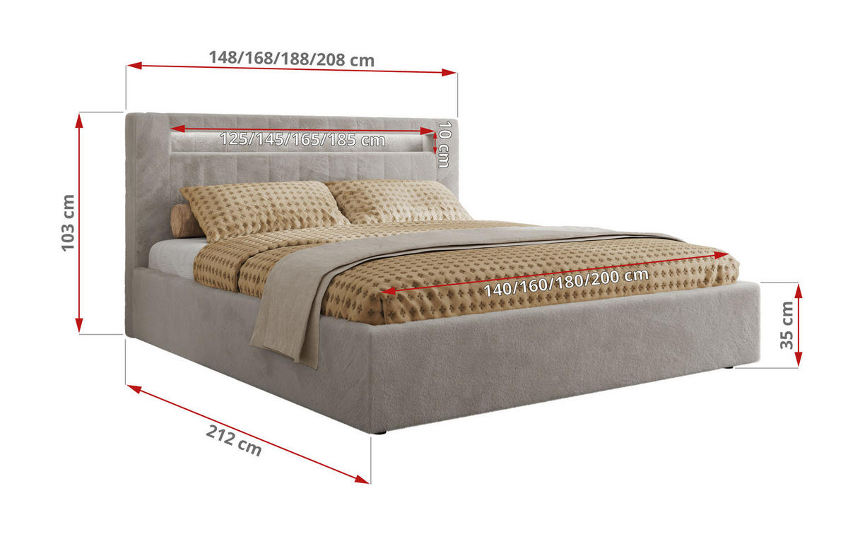 POLSTERBETT GOLD 5 CLASSIC 160/200 - Hellgrau Plüsch - Pocket-Matratze - Hellgrau, Textil (160/200cm) - MKS