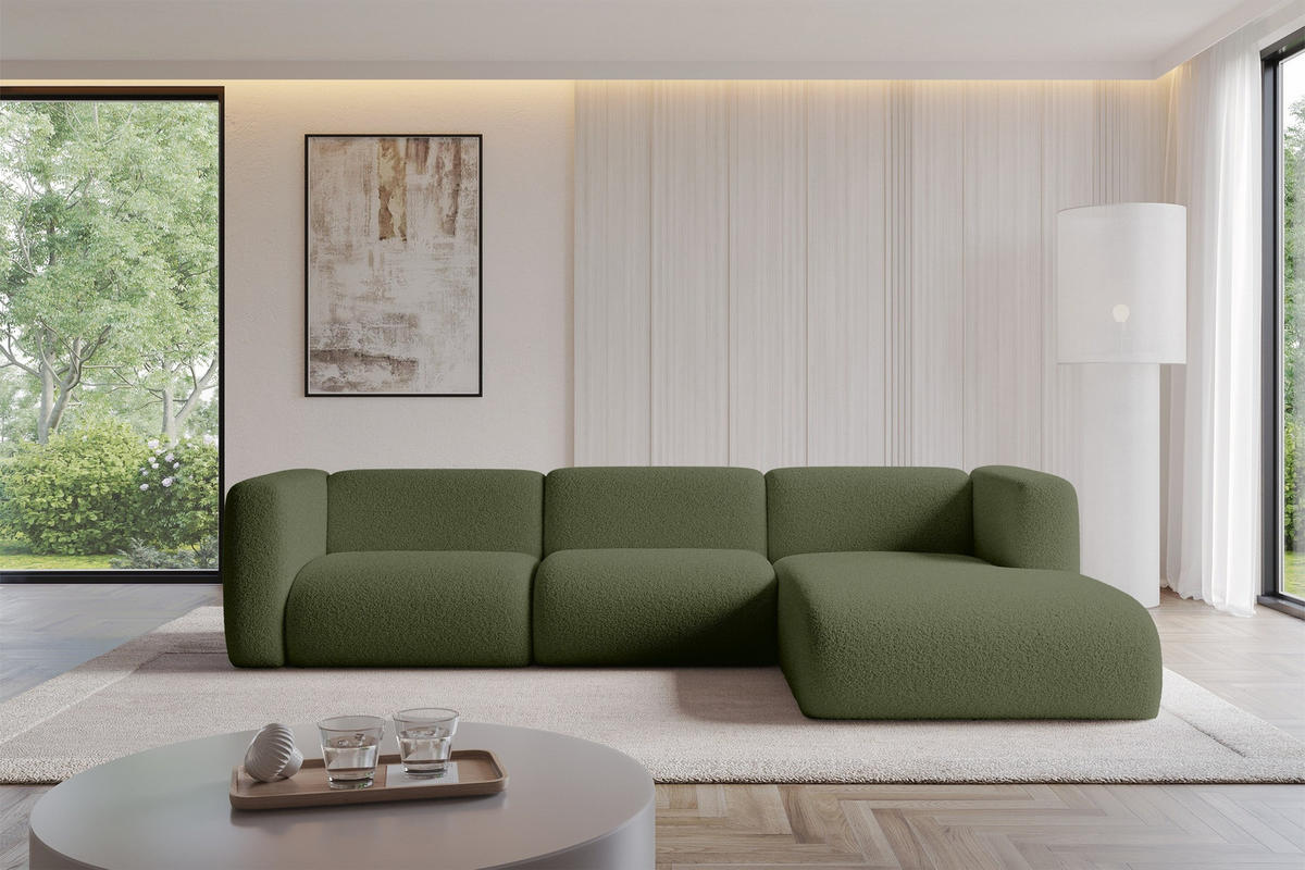 ECKSOFA Ottomane Rechts MIRA-L2 318x179x89 Grün Bouclé - Schwarz/Olivgrün, Holzwerkstoff/Kunststoff (318/179cm) - ALTDECOR