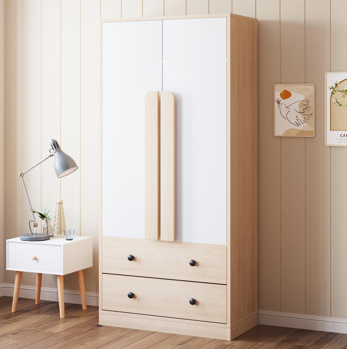 KLEIDERSCHRANK 70/170/40 cm Weiß/Holzfarbe aus Holz mit 2 Schubladen - Naturfarben, Holzwerkstoff (40/170/70cm) - OKMYHOME