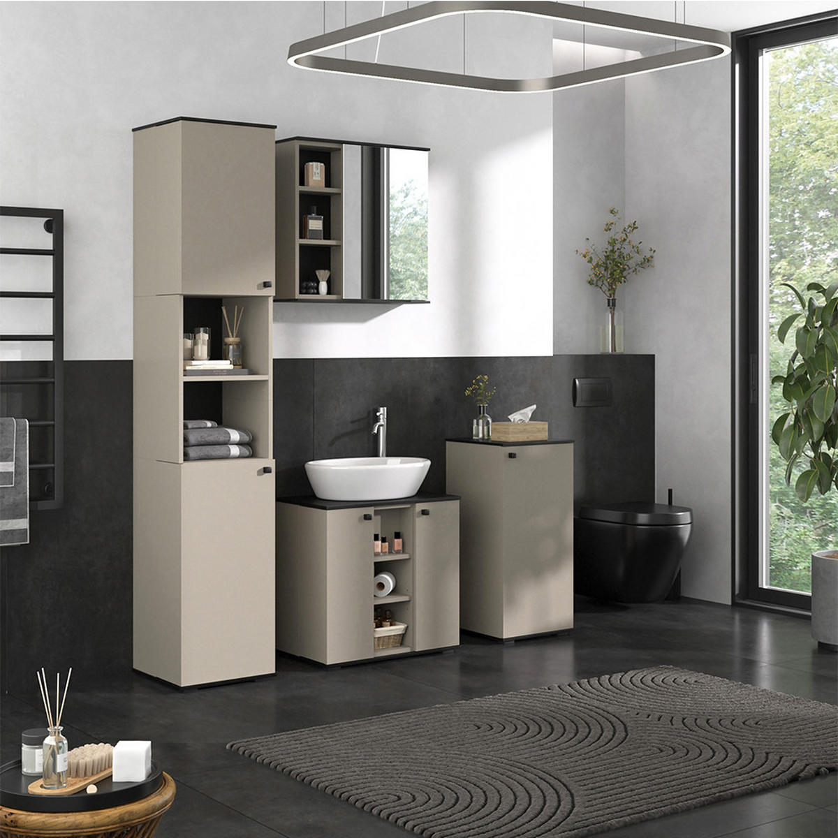 BADMÖBEL-SET Joli Greige 4 Teile, mit Hochschrank und Midischrank - Greige/Schwarz, Holzwerkstoff (60/59/37cm) - Vicco