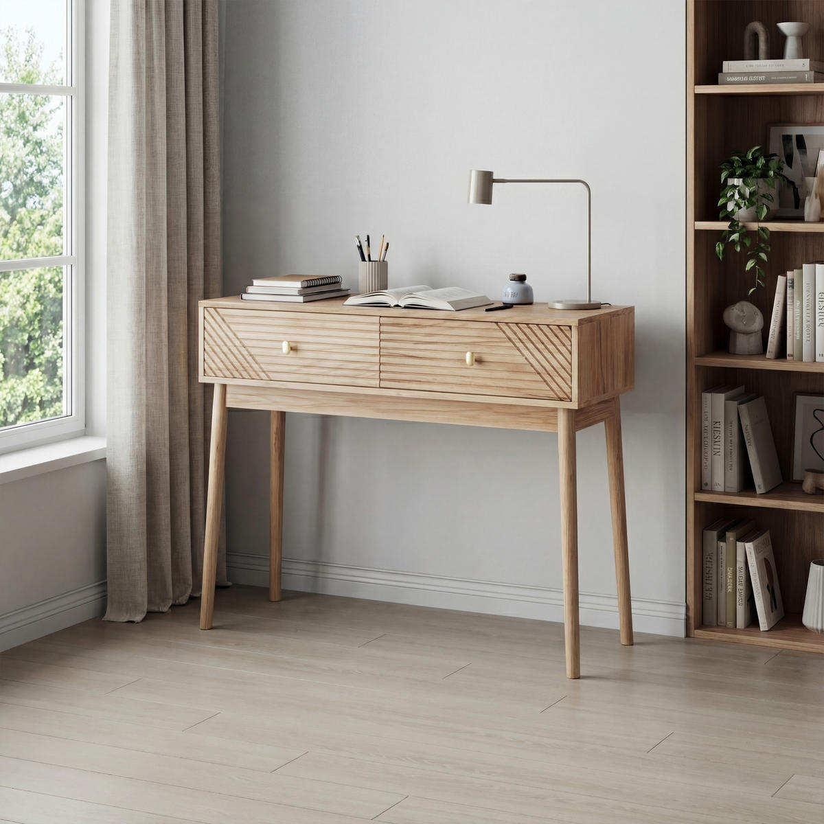 KONSOLENTISCH MDF geschwungene Schubladen Eichenoptik Kiefernholz Beine kompakt vielseitig - Eichefarben, Holzwerkstoff (100/35/80cm) - EVRYAE