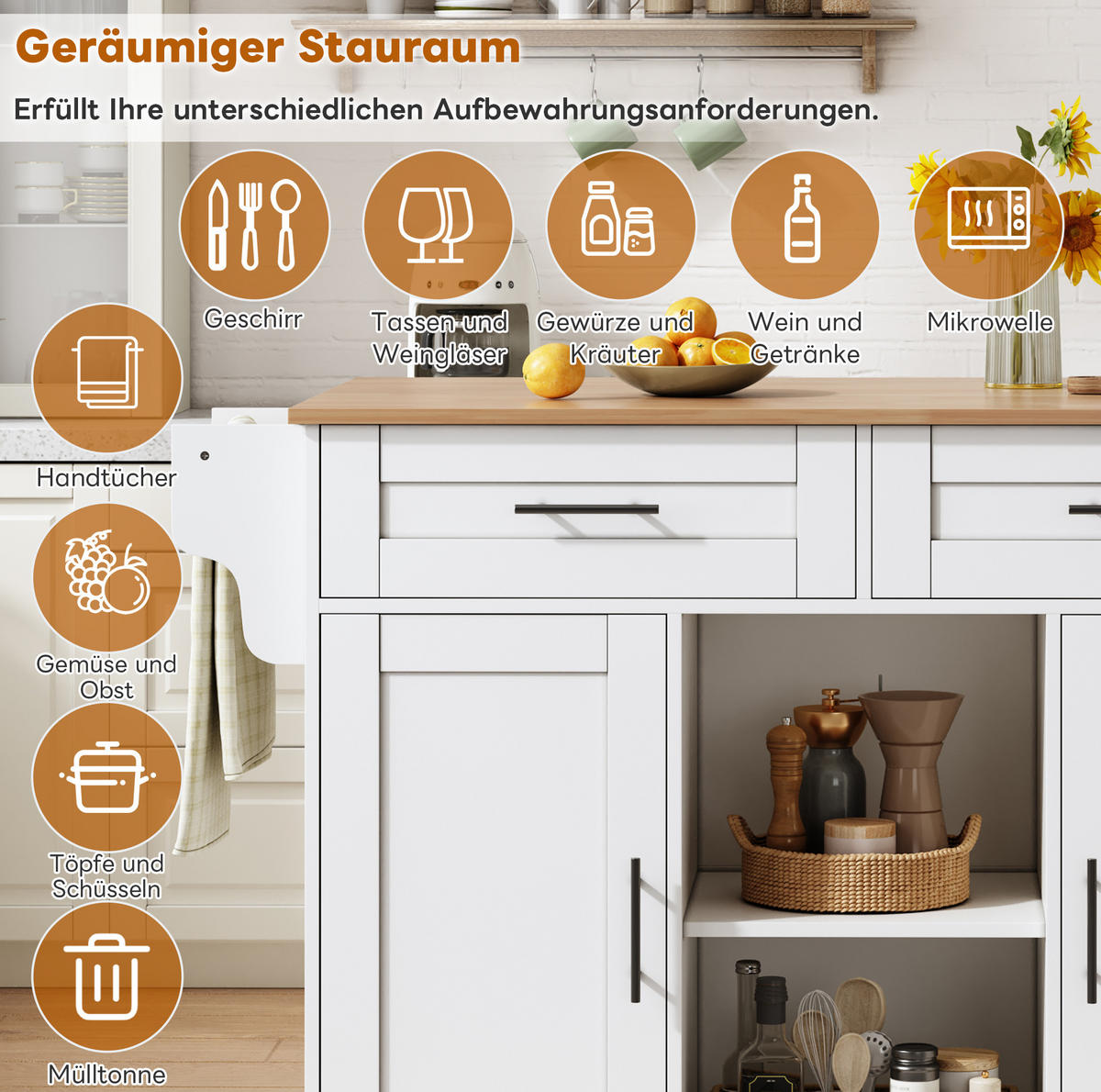 KÜCHENINSEL 145/70/94,5 cm mit klappbarer Arbeitsplatte, verstellbaren Regalen und 5 Rollen, MDF, Weiß - Weiß, Holzwerkstoff (145/94.5/70cm) - Redom