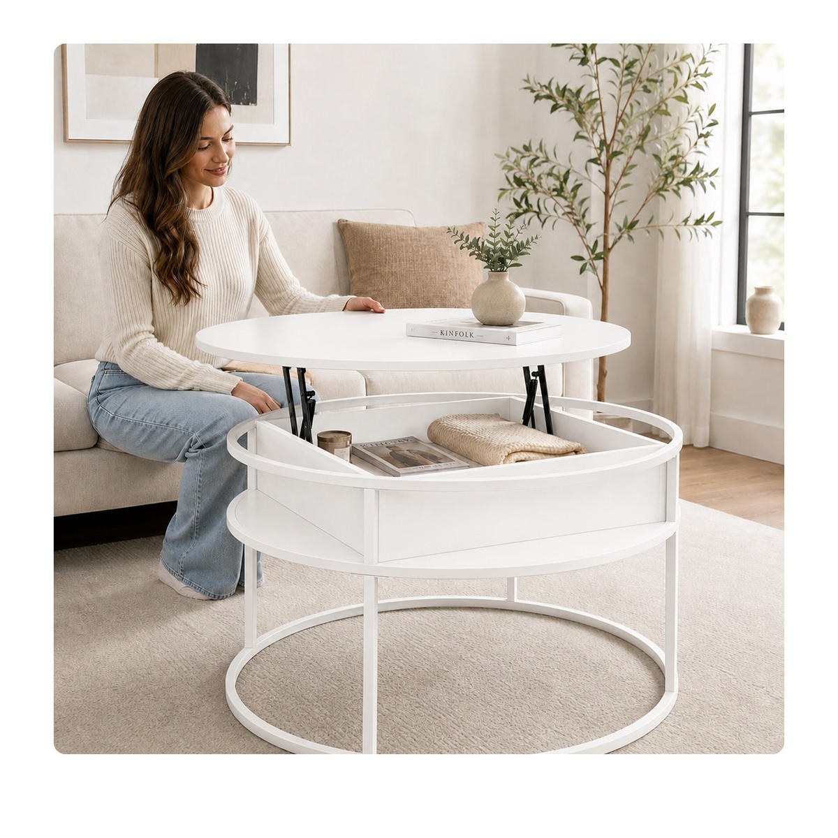 STOLÍK Biela so zdvíhacou doskou - biela, kov/kompozitné drevo (80/80/47cm) - Relaxdays