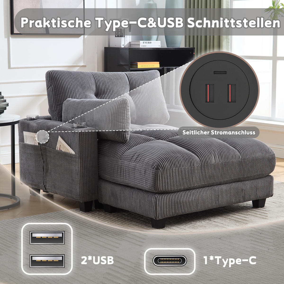 RÉCAMIERE 2-Sitzer Cord Grau mit USB, Getränkehaltern und Seitentasche - Grau, Holzwerkstoff/Kunststoff (140/81/121cm) - WISHDOR