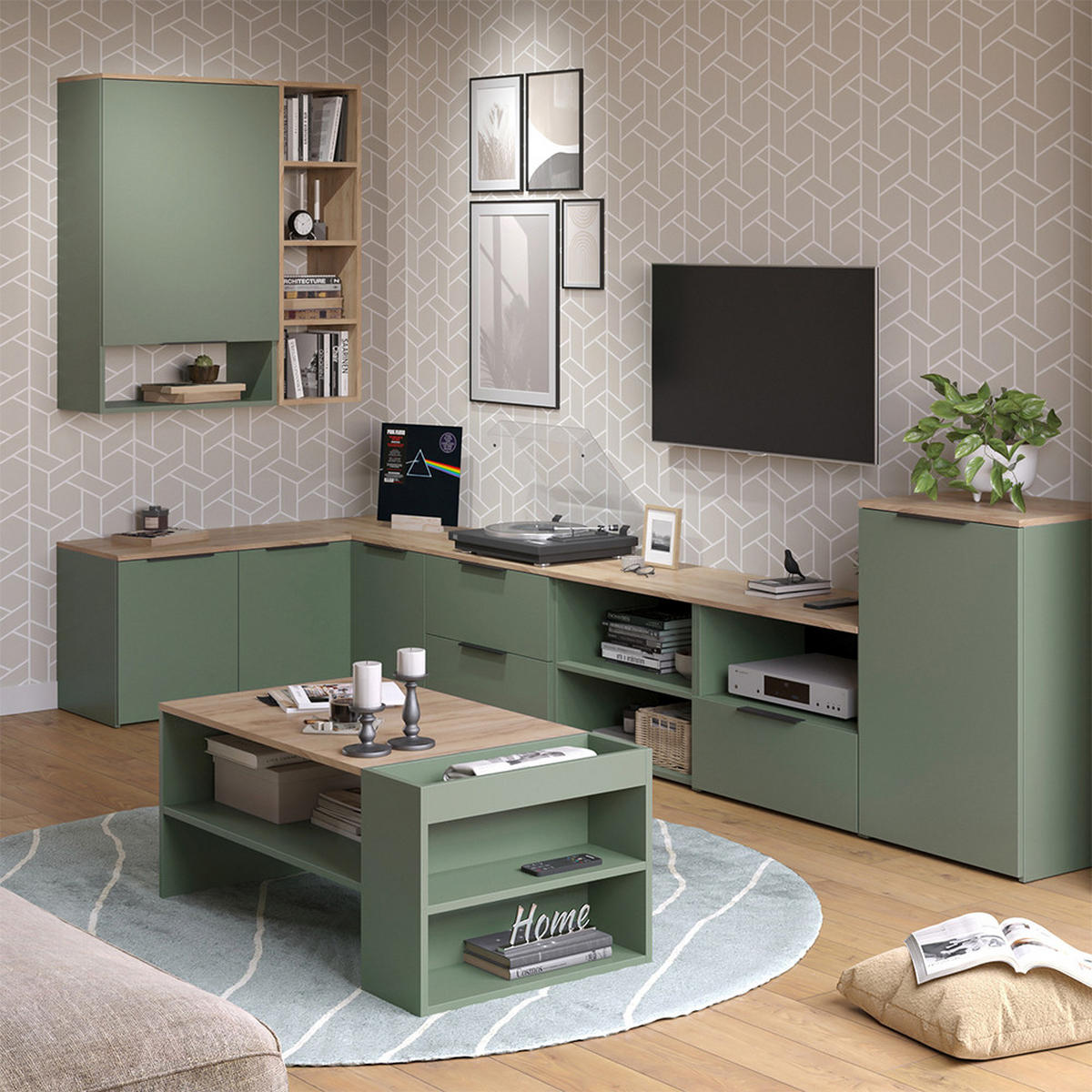 KOMMODE Wido Grün 50 x 80 cm mit Regal - Grün/Sonoma Eiche, Holzwerkstoff (50/80/40cm) - Vicco