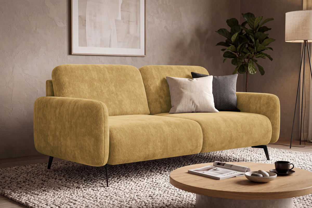 SOFA FEBE 3-Sitzer, safranfarbener Chenille-Stoff - Gelb/Schwarz, Holz/Textil (190/82/96cm) - Wozimo