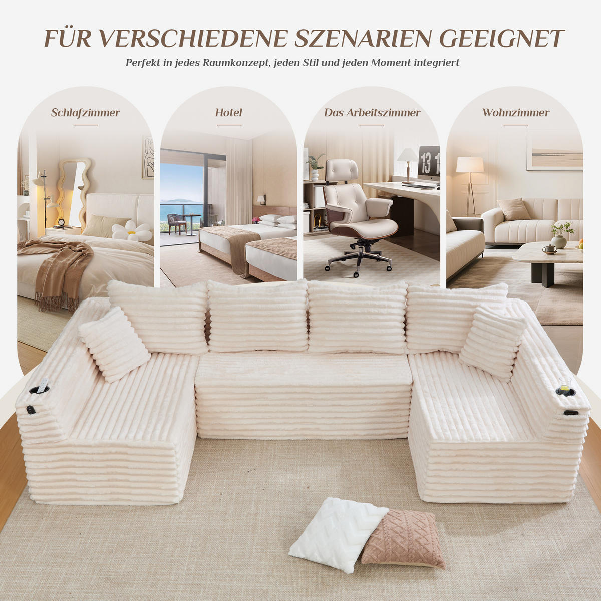 WOHNLANDSCHAFT 320/155/88 cm Beige mit Getränkehalter und Seitentasche - Beige, Textil (320/88/155cm) - Oxeza