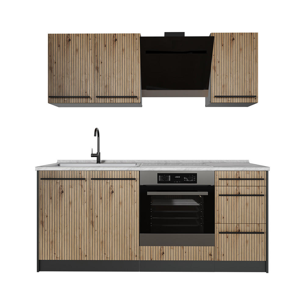 JEDNOTKOVÁ KUCHYNĚ R-Line, Řemeslný dub/Antracit, 180 cm pracovná doska Mramor - antracitová/dub artisan, kompozitní dřevo (180/206.8/60cm) - Vicco