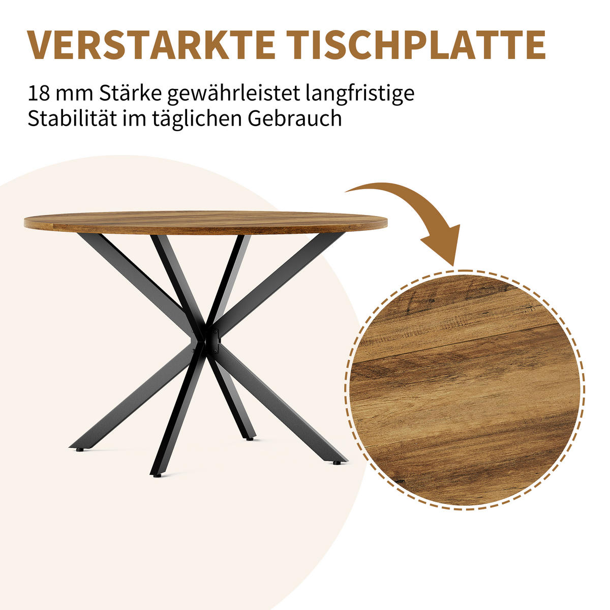 COUCHTISCH 120cm Runder Esstisch-Landhausstil Mit X-Beinen Retro-Braun Für 4-6 Personen - Braun, Holz (120/120/78cm) - Raelunyi