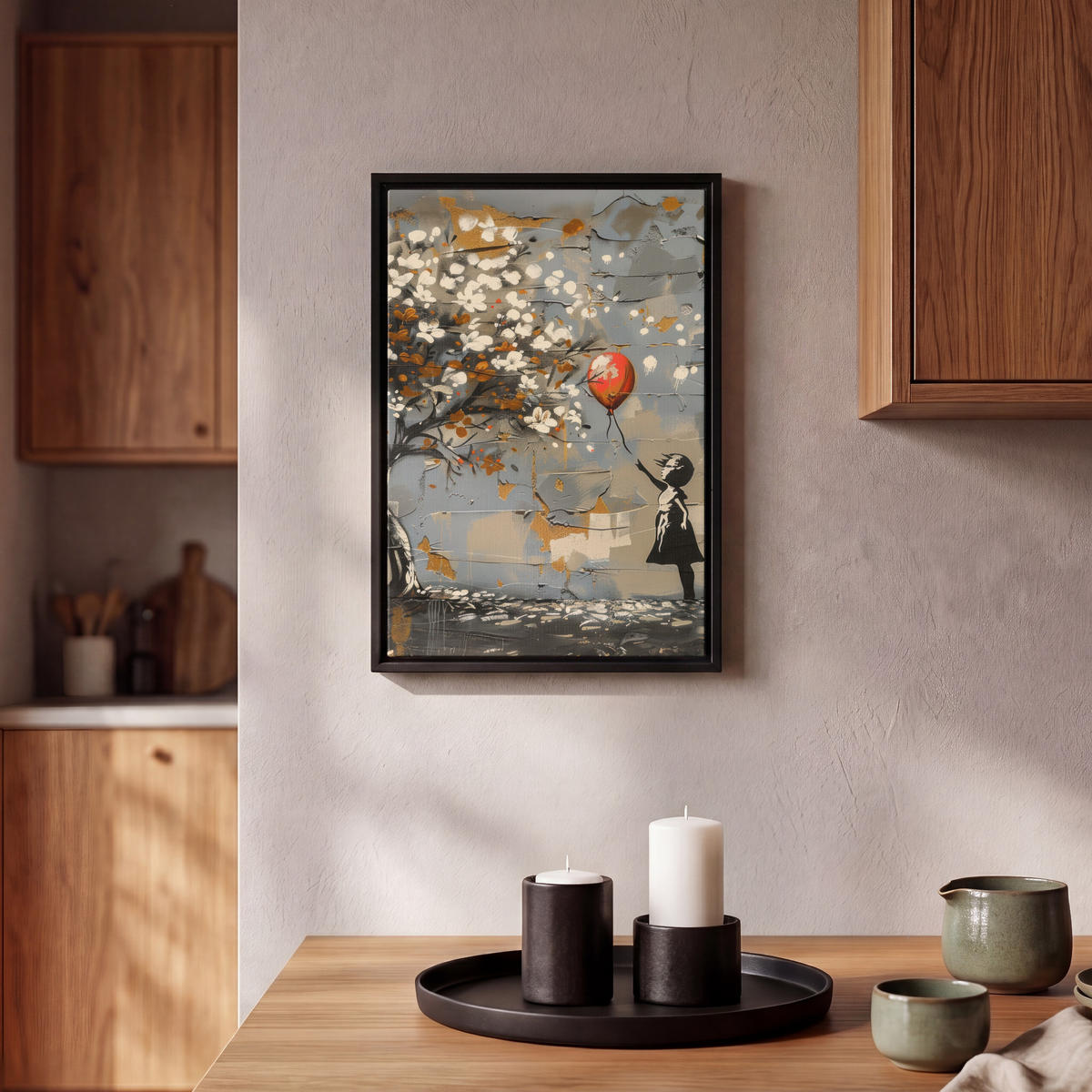 LEINWAND Bilder mit Rahmen - Baum - Graffiti - Banksy-Stil - Ballon-Mädchen - 20x30 - Blaugrau, Textil (20/30cm) - MuchoWow