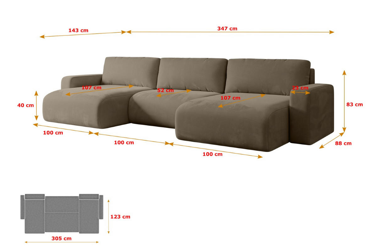 WOHNLANDSCHAFT mit Schlaffunktion und Bettkasten KLEEA-U - 347x143x83 cm Braun Velours - Schwarz/Braun, Holzwerkstoff/Kunststoff (347/83/143cm) - ALTDECOR