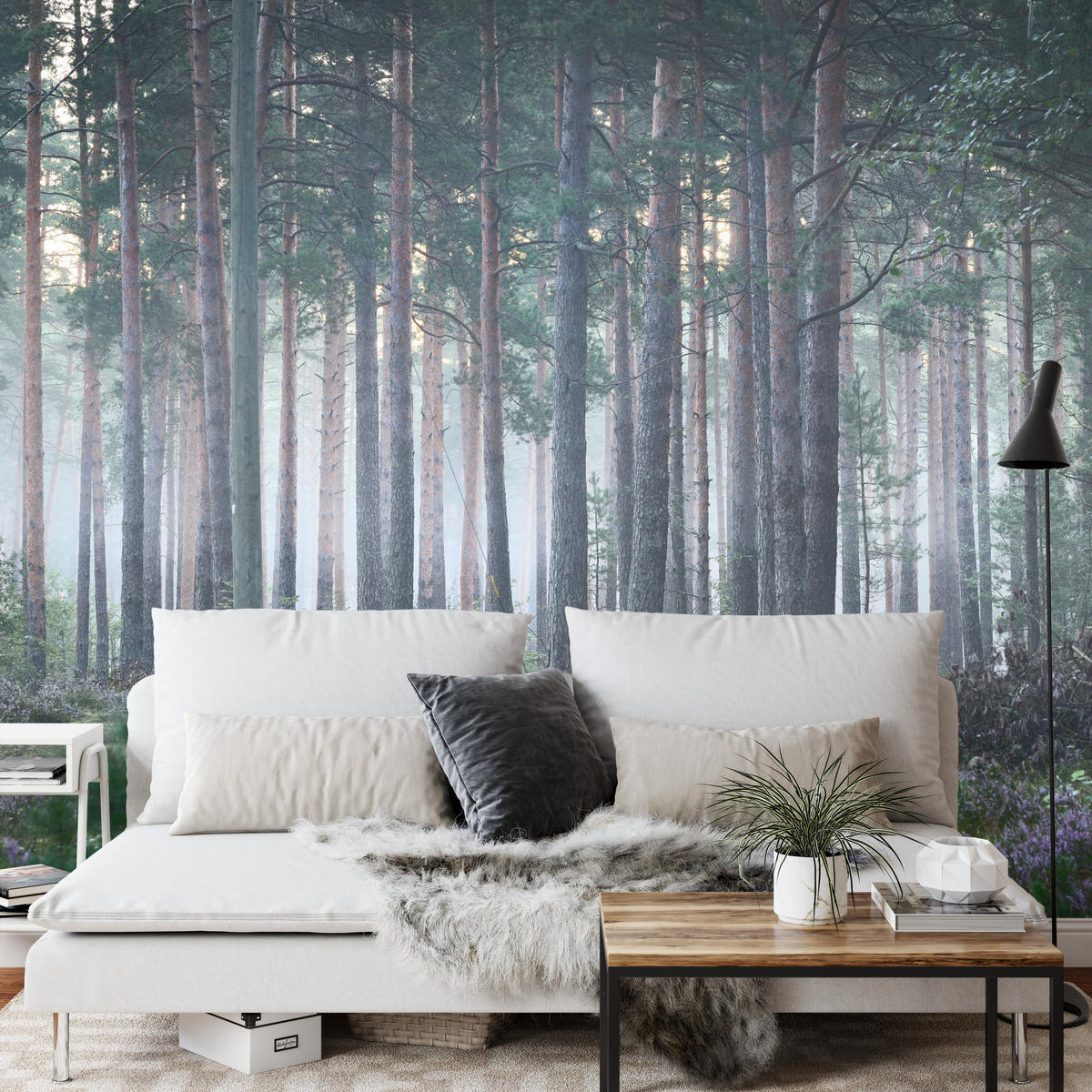 FOTOTAPETE für Wohnzimmer Nebelwald mit Bäumen Moos Grün 300x210 - Grau/Grün, Papier (300/210cm) - Muralo