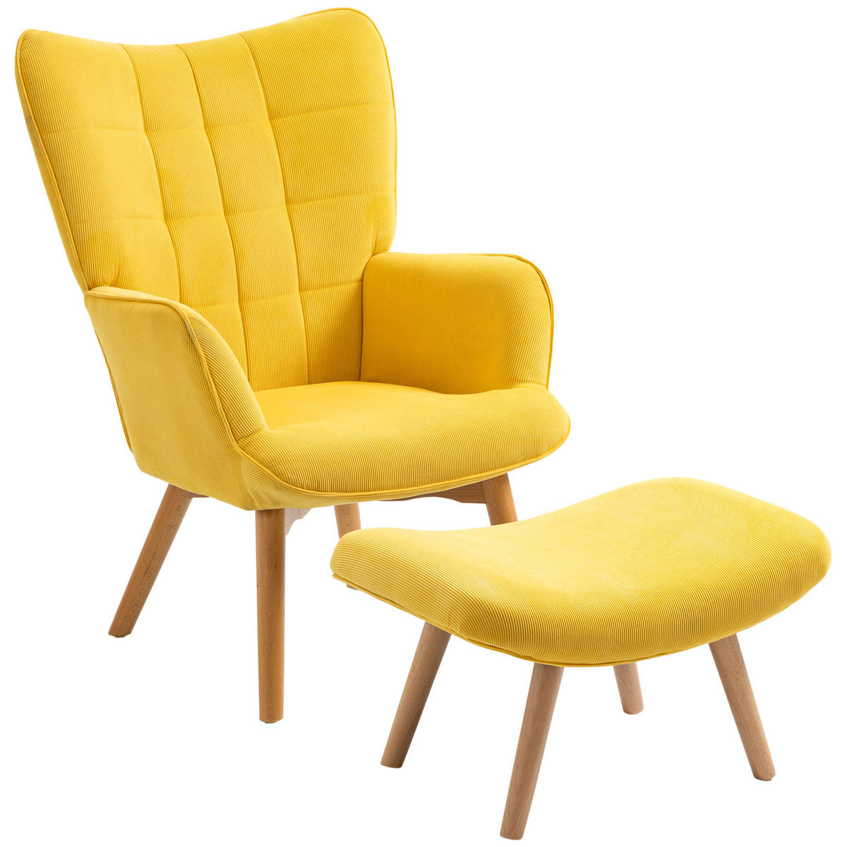 AKZENTSESSEL DE-07608 mit Hocker, Cord-Optik und Holzbeinen Gelb - Gelb, Textil (80/101/72cm) - ComfortXL