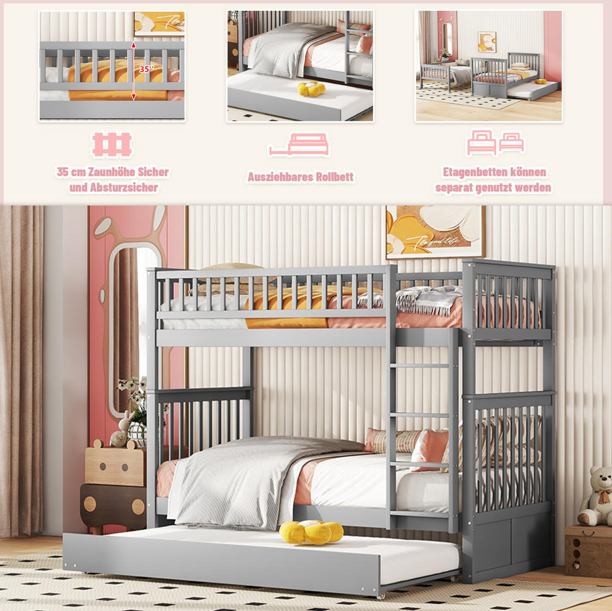 ETAGENBETT 205/95/160 cm aus Kiefernholz und MDF mit Ausziehbett Grau - Grau, Holz (90/200cm) - Modenvie