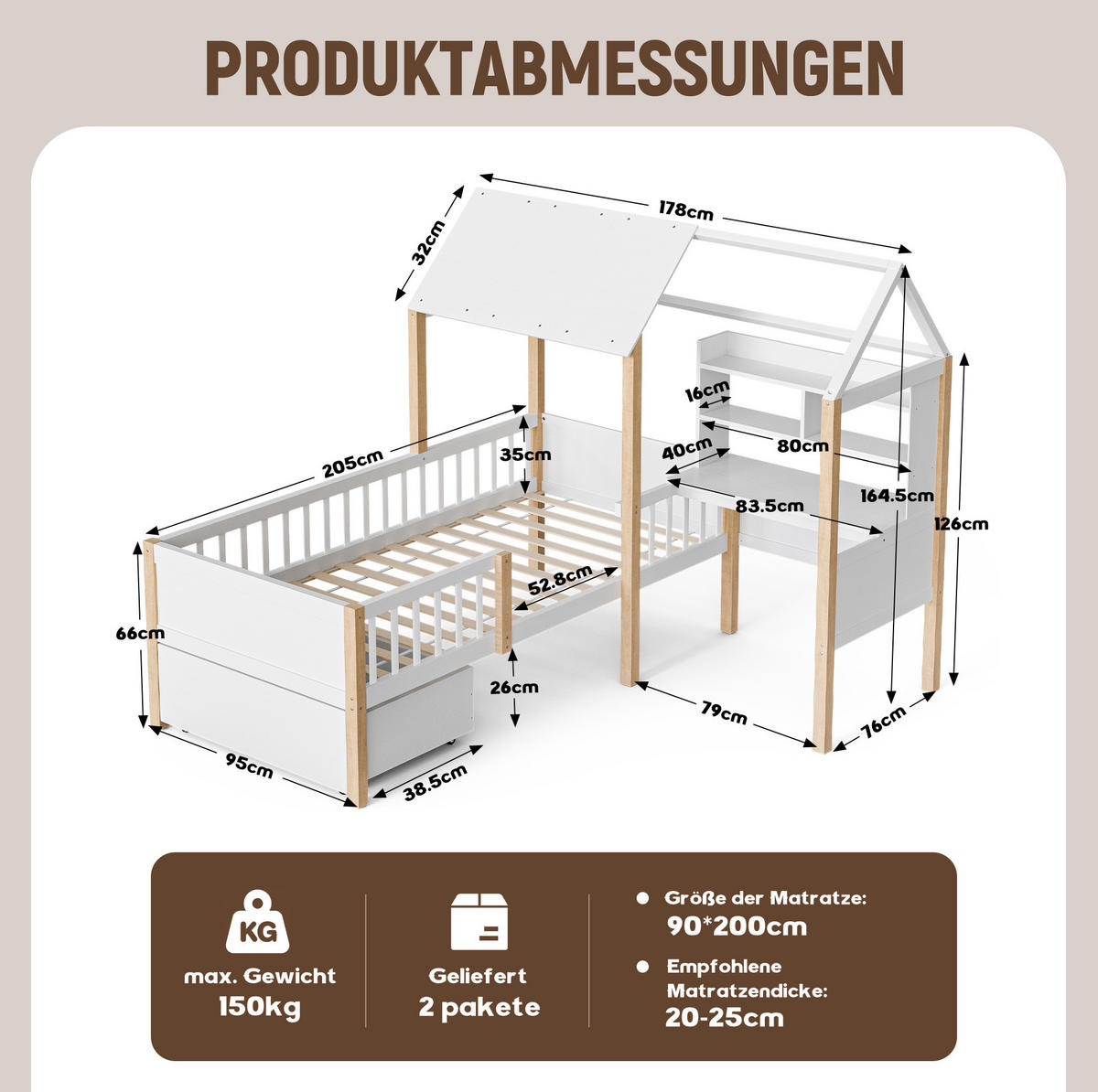 HAUSBETT aus 90x200 cm Weiß mit Schreibtisch, Bücherregal, Rollschubladen und Rausfallschutz - Weiß, Holzwerkstoff (90/200cm) - Modfu