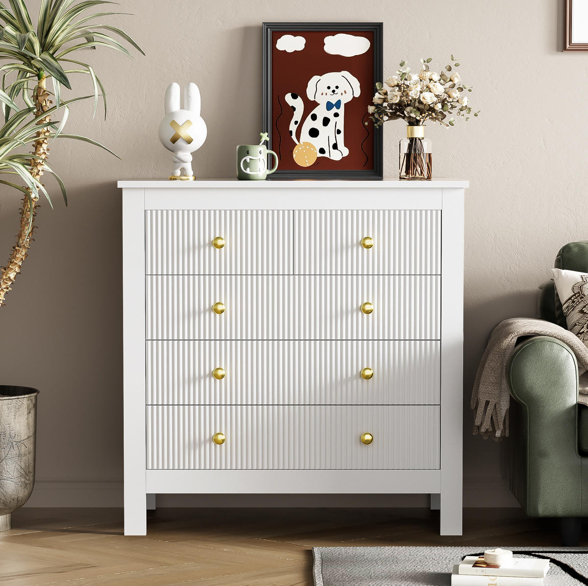 SIDEBOARD 79/80,5/39,5 cm Weiß aus Spanplatte mit 5 Schubladen - Weiß, Holzwerkstoff (39.5/80.5/79cm) - OKMYHOME