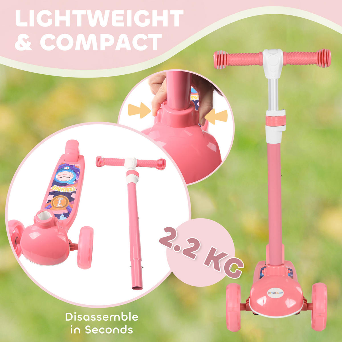 KINDERSCOOTER DE-16956 3 Räder mit LED-Leuchten Rosa - Pink, Kunststoff (52/29/76cm) - ComfortXL