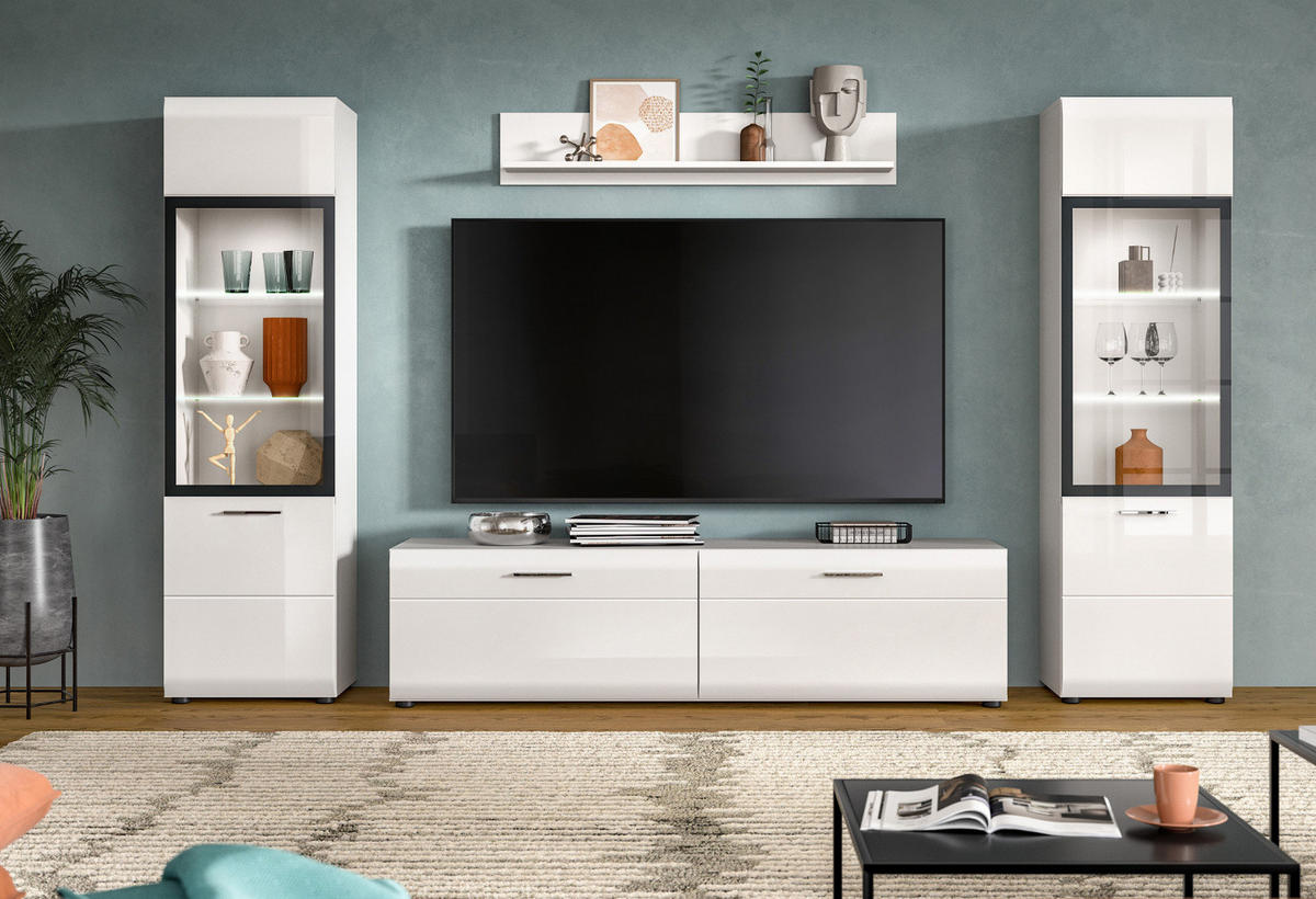 WOHNWAND weiß Hochglanz 4-teilig 280 cm, Schrankwand mit 2 Vitrinen - Weiß Hochglanz/Silberfarben, Glas/Holzwerkstoff (280/160/41cm) - Inn.Furn