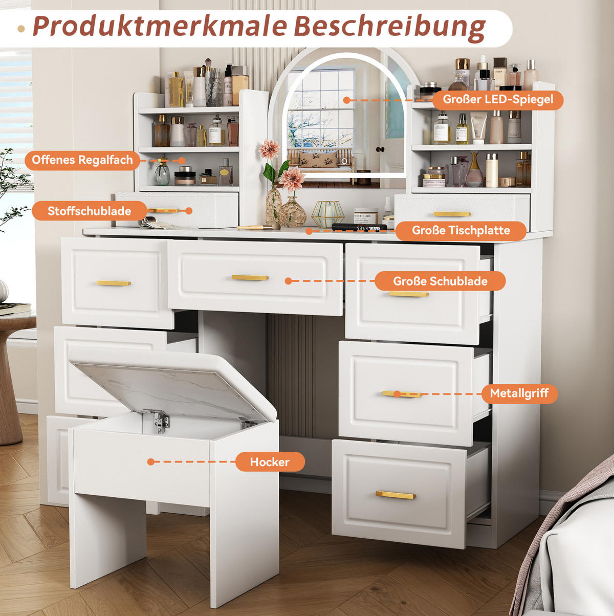 SCHMINKTISCH 120/40/135 cm Weiß mit LED-Beleuchtung und viel Stauraum aus Spanplatte - Weiß, Holzwerkstoff (40/135/120cm) - OKWISH