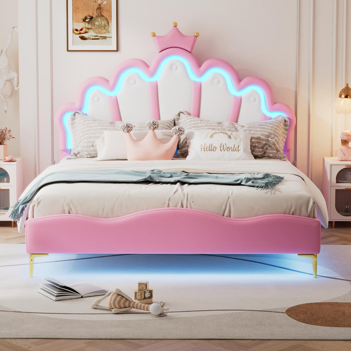 FLACHBETT 140x200cm Rosa Doppelbett Kronenform PU-Leder LED - Pink, Holz (140/200cm) - FLIEKS