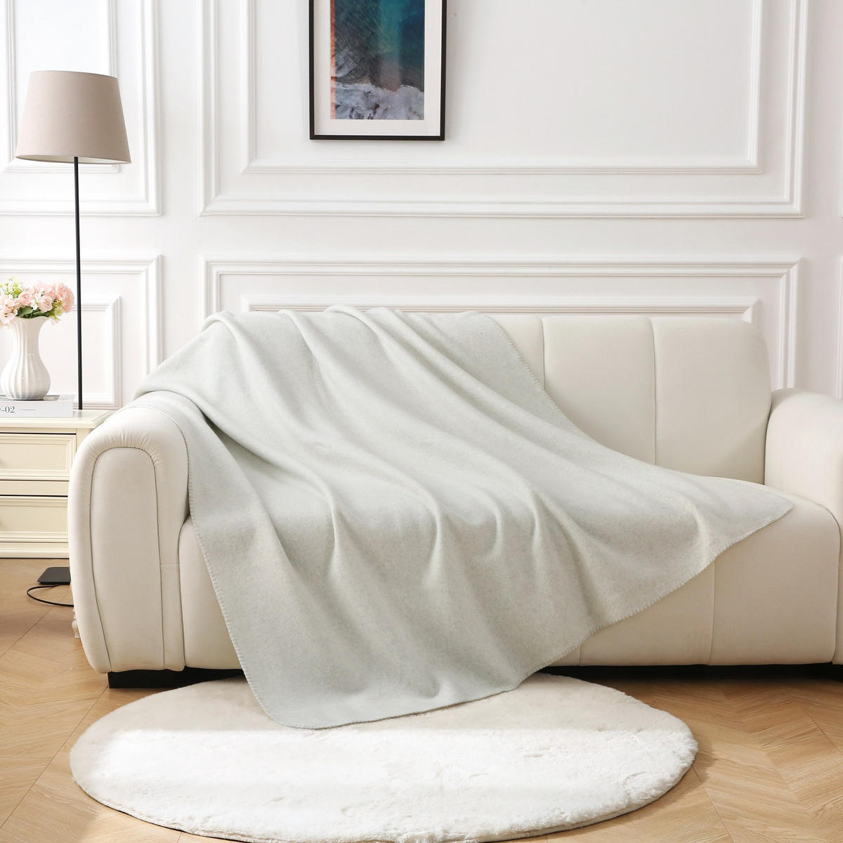 FLEECEDECKE eco-line weiß meliert 140/190 cm Ketteleinfassung Anti-Pilling - Weiß, Textil (140/190cm) - wometo