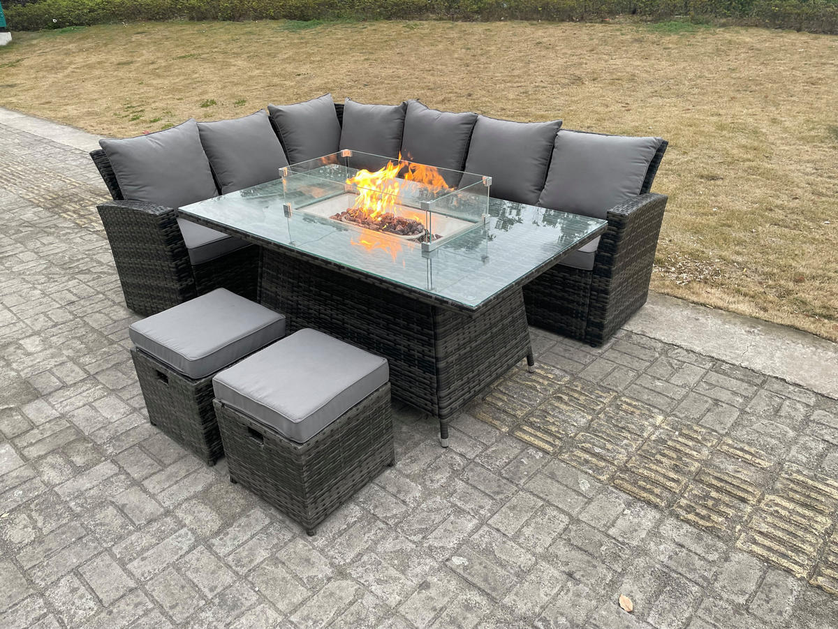 GARTENSOFA SET linke Ecke Polyrattan 8-Sitzer - Dunkelgrau/Grau, Glas/Kunststoff - Fimous