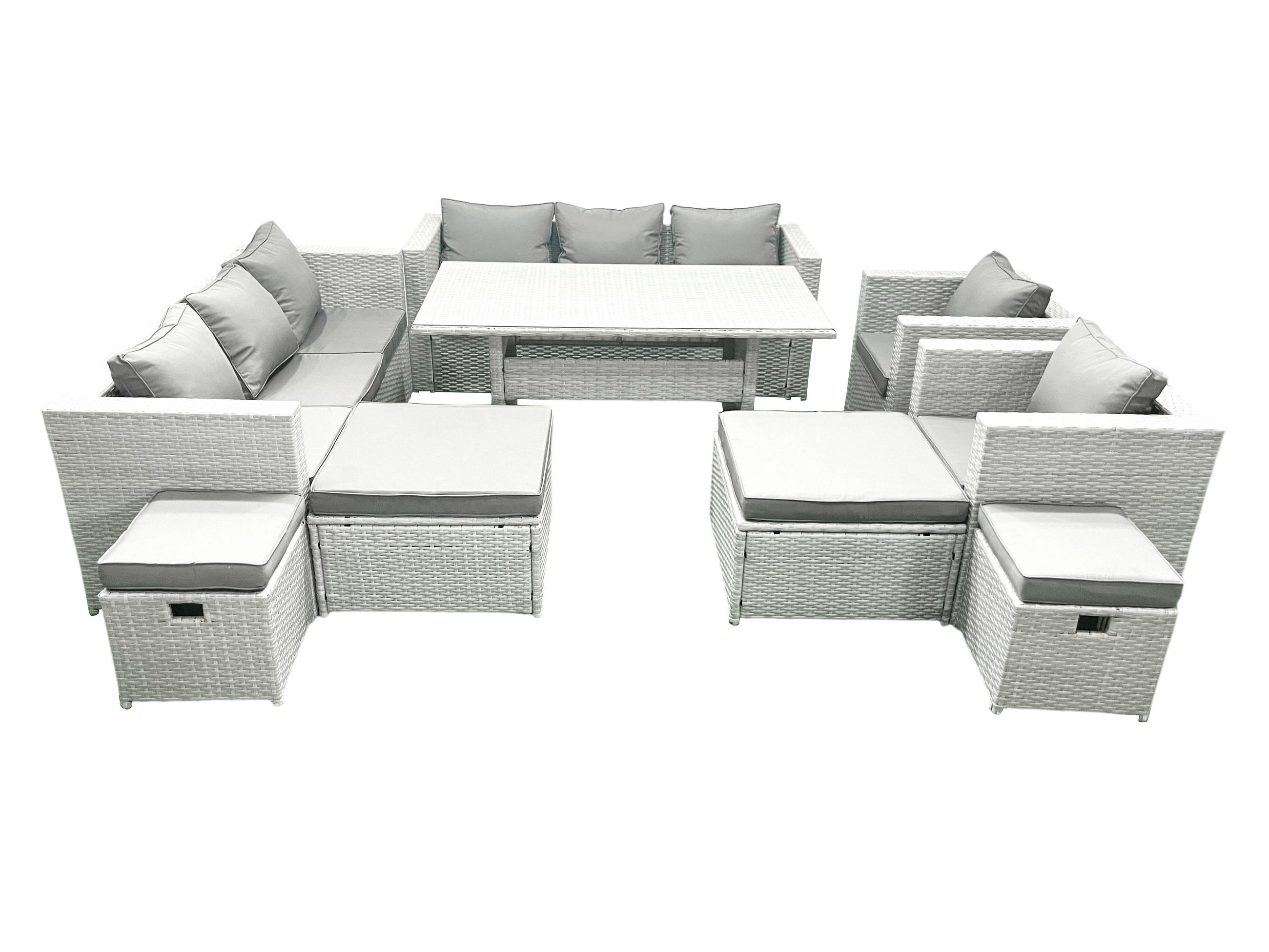 GARTENSET mit Esstisch,Sofa,4 Fußhocker,2 Stühle Polyrattan Hellgrau 12-Sitzer - Hellgrau/Grau, Glas/Kunststoff - Fimous